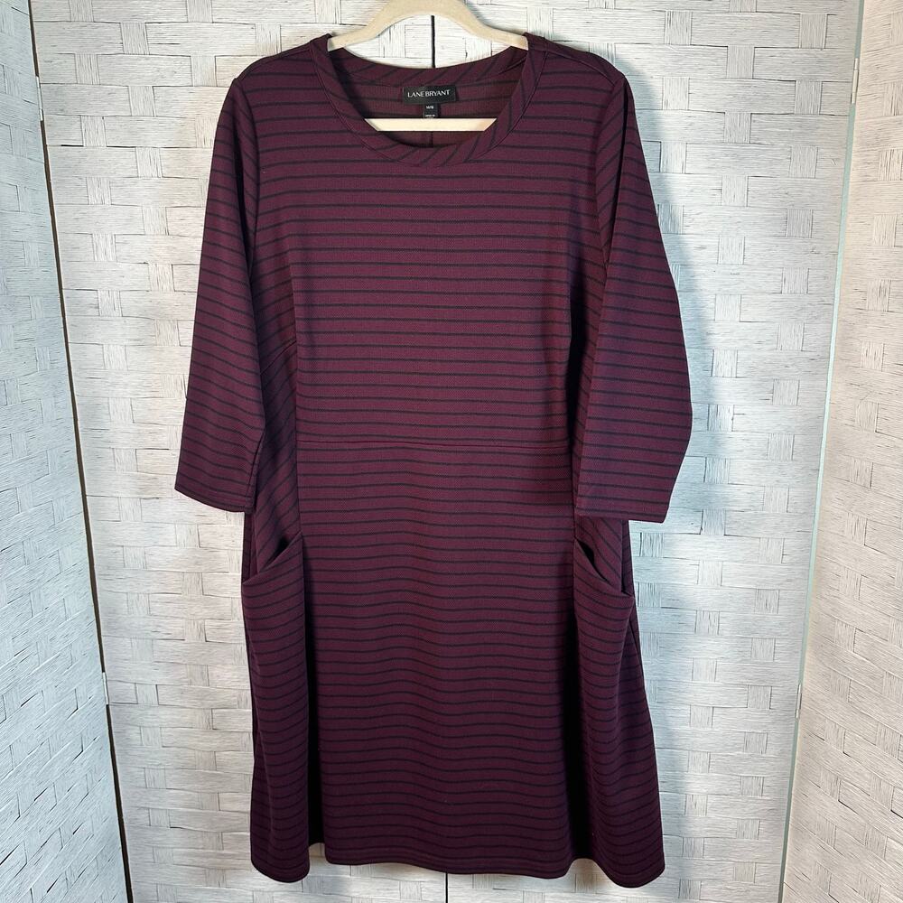 Lane Bryant Womens Shirt dress pockets burgundy black stripe Lagenlook plus size